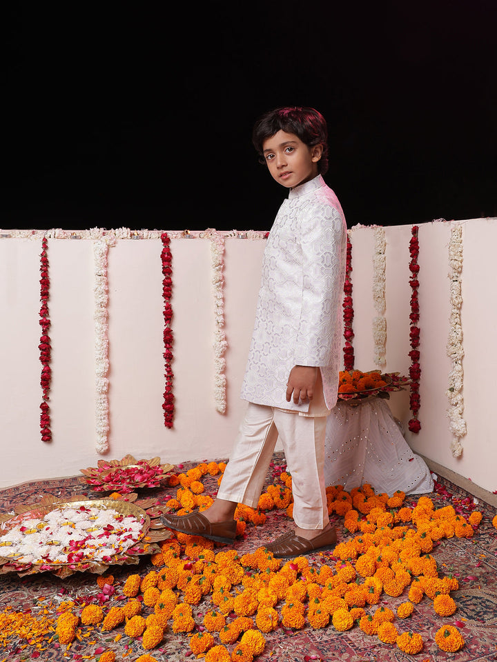 VASTRAMAY Boys' Purple Jacquard Sherwani Set