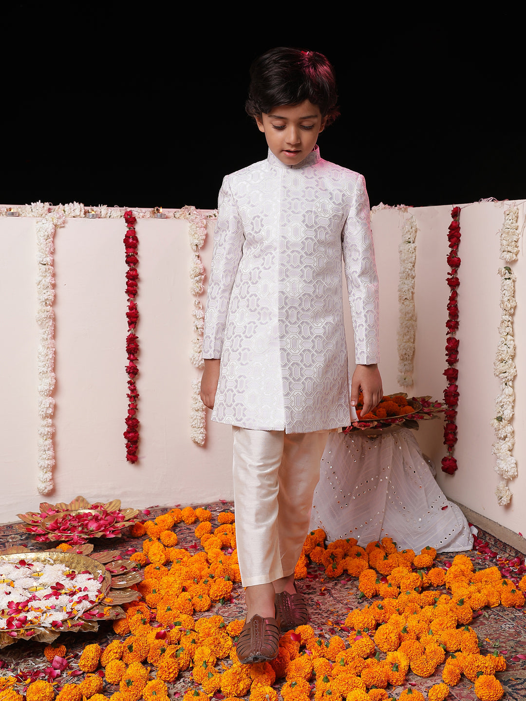 VASTRAMAY Boys' Purple Jacquard Sherwani Set