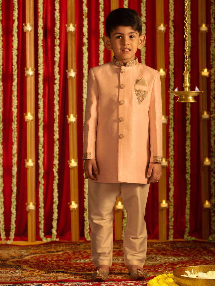 VASTRAMAY Boys' Pink Silk Sblend Solid Sherwani Set