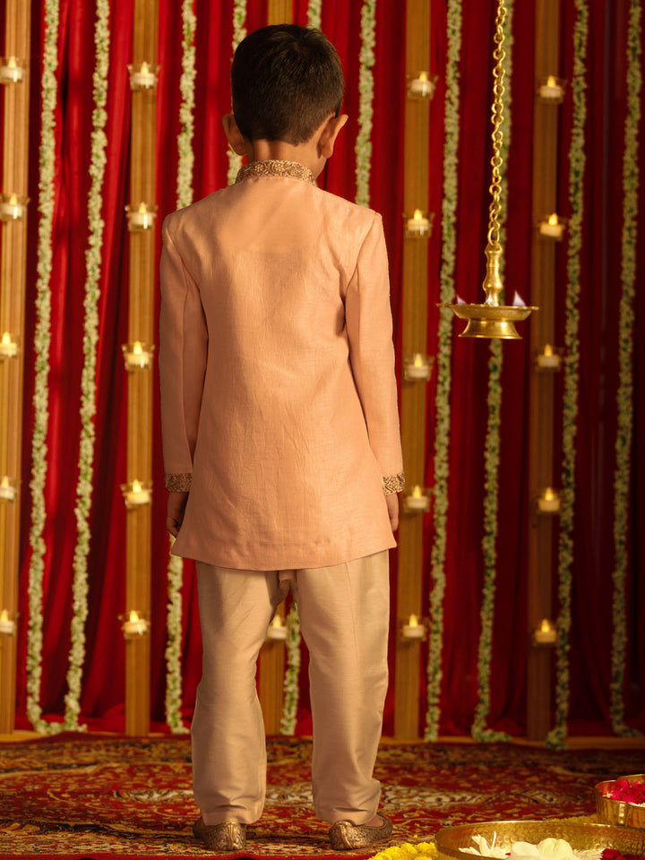 VASTRAMAY Boys' Pink Silk Sblend Solid Sherwani Set