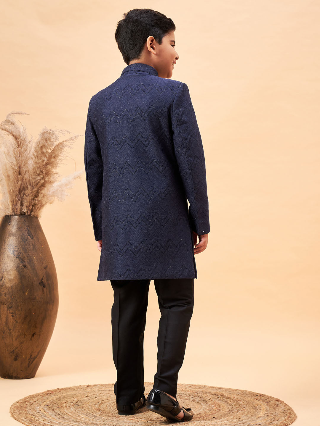 VASTRAMAY Boy's Navy Blue Glitter Indo Western Sherwani Set