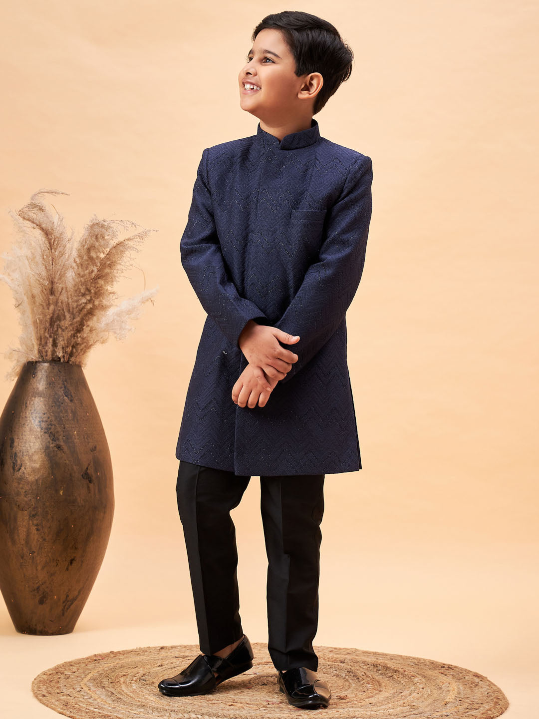 VASTRAMAY Boy's Navy Blue Glitter Indo Western Sherwani Set