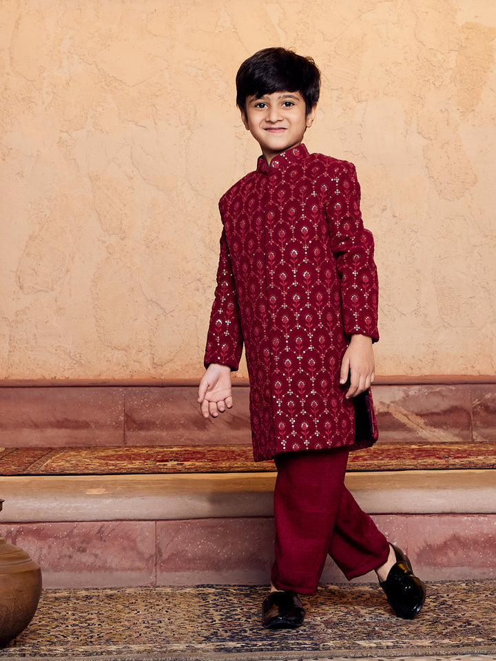 VASTRAMAY Boys' Maroon Georgette Embroidered Indo Western Set