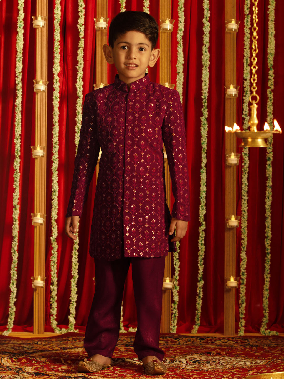 VASTRAMAY Boys' Maroon Georgette Embroidered Indo Western Set