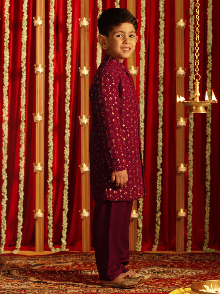 VASTRAMAY Boys' Maroon Georgette Embroidered Indo Western Set