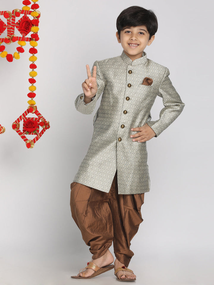 VASTRAMAY Boys Grey Indo Western Jacquard Sherwani and Dhoti Pant Set