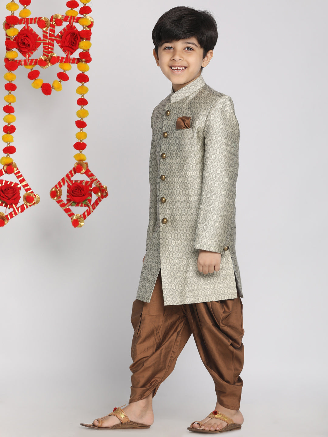 VASTRAMAY Boys Grey Indo Western Jacquard Sherwani and Dhoti Pant Set