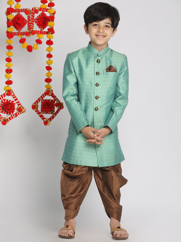 VASTRAMAY Boys Green Indo Western Jacquard Sherwani and Dhoti Pant Set