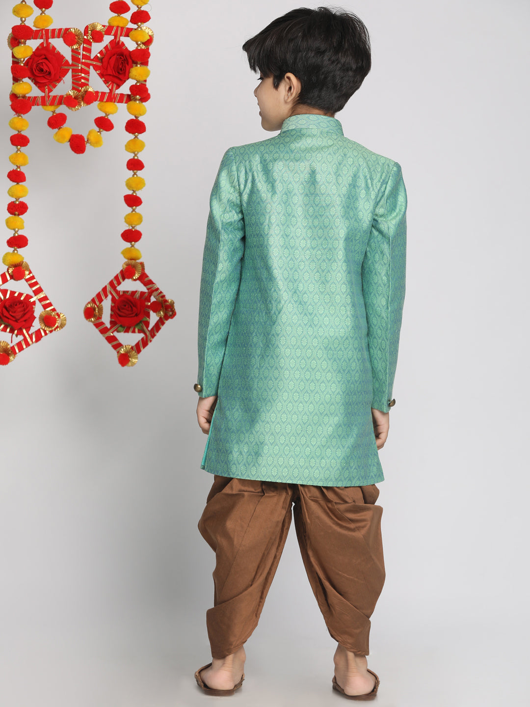 VASTRAMAY Boys Green Indo Western Jacquard Sherwani and Dhoti Pant Set