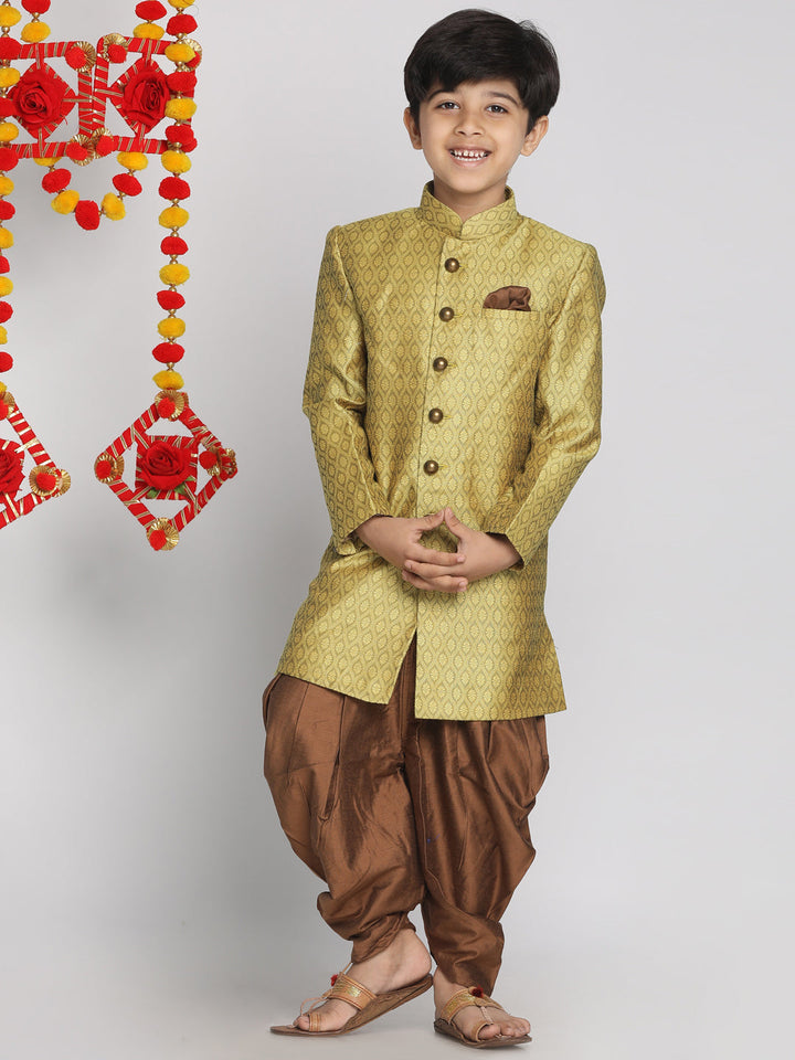 VASTRAMAY Boys Yellow Indo Western Jacquard Sherwani and Dhoti Pant Set