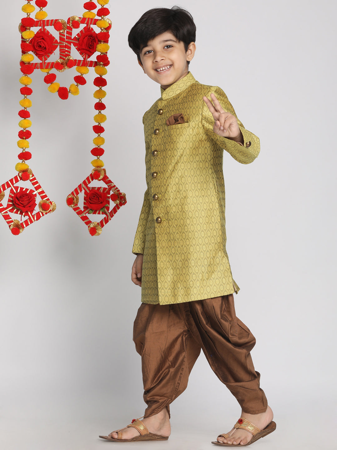 VASTRAMAY Boys Yellow Indo Western Jacquard Sherwani and Dhoti Pant Set