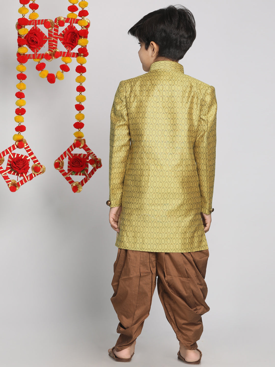 VASTRAMAY Boys Yellow Indo Western Jacquard Sherwani and Dhoti Pant Set