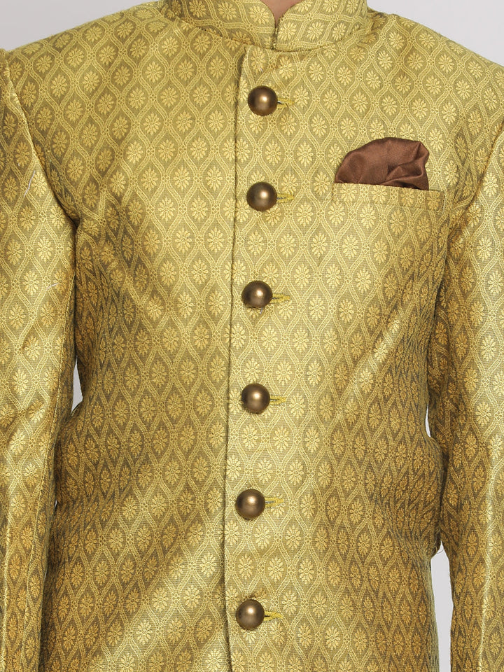 VASTRAMAY Boys Yellow Indo Western Jacquard Sherwani and Dhoti Pant Set