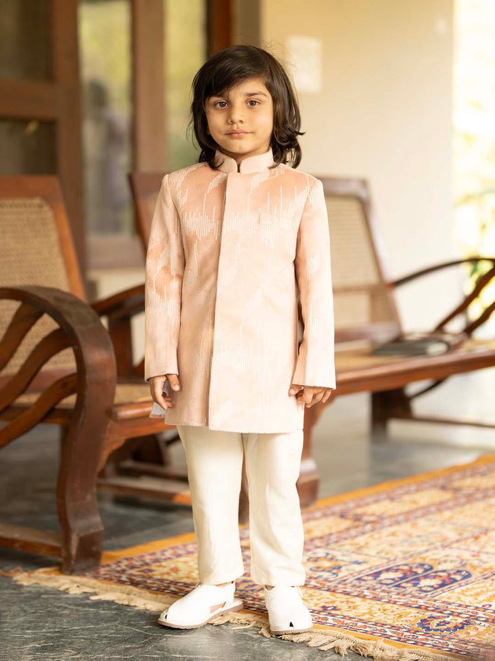 VASTRAMAY Boys' Peach Indo With Cream Pant Set