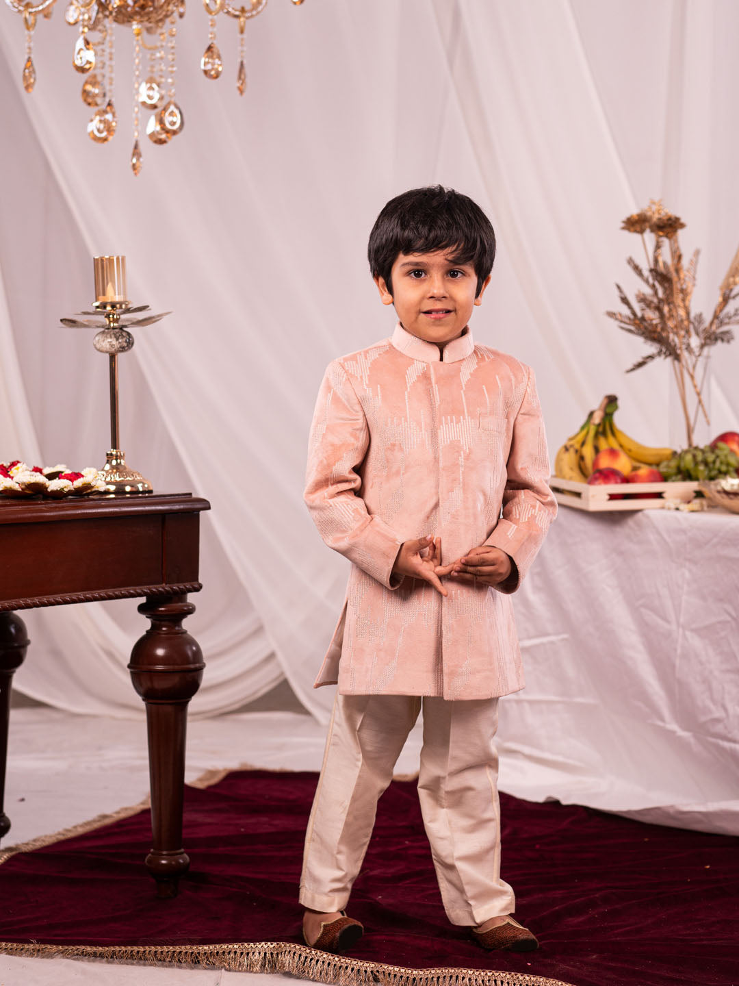 VASTRAMAY Boys' Peach Indo With Cream Pant Set