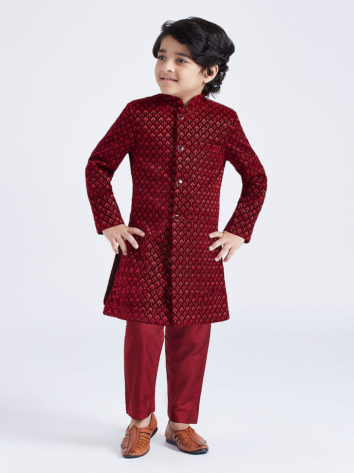 VASTRAMAY Boys' Maroon Sherwani Set