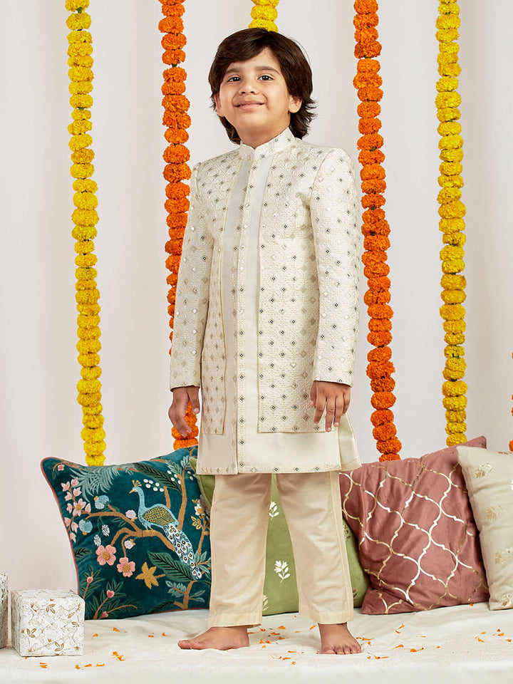 VASTRAMAY Boys' Cream Sherwani Set