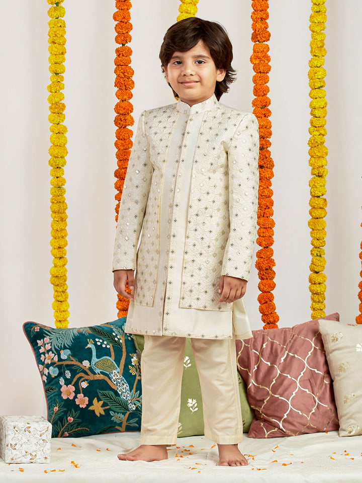 VASTRAMAY Boys' Cream Sherwani Set