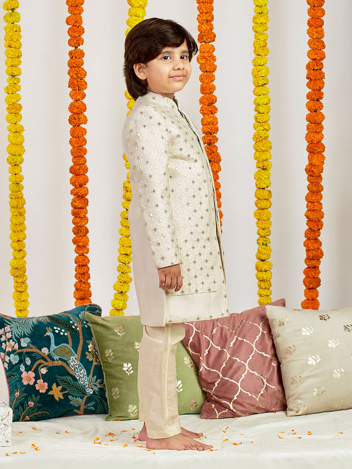 VASTRAMAY Boys' Cream Sherwani Set