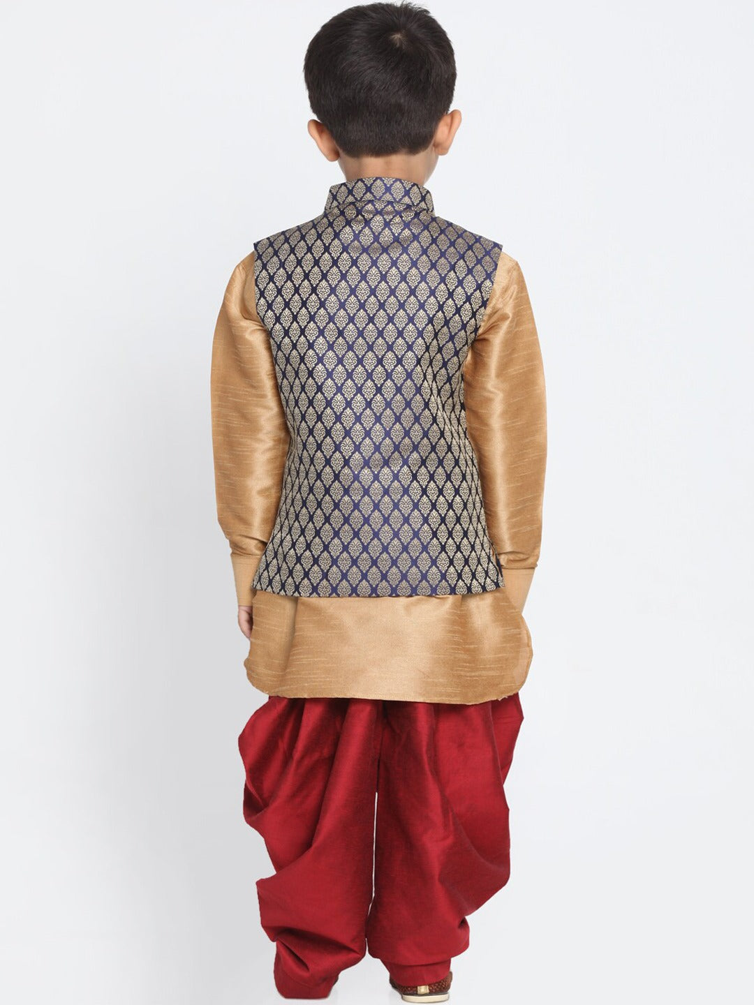 Vastramay Boys Rose Gold And Maroon Woven Kurta Set With Brocade Nehru Jacket