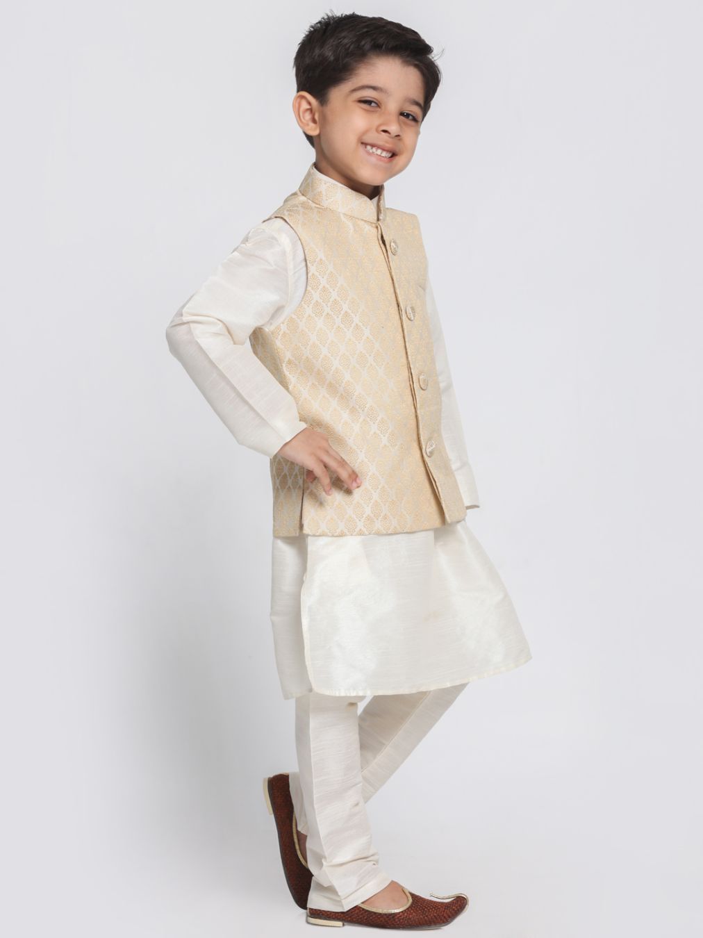 Vastramay Boys Beige Cotton Silk Blend Kurta, Waistcoat and Pyjama Set