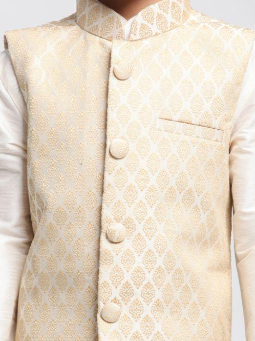 Vastramay Boys Beige Cotton Silk Blend Kurta, Waistcoat and Pyjama Set