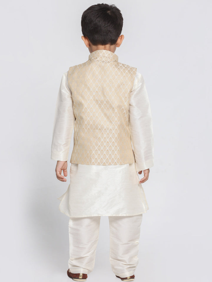 VASTRAMAY Cream Woven Jacket With White Kurta Pyjama Baap Beta Set