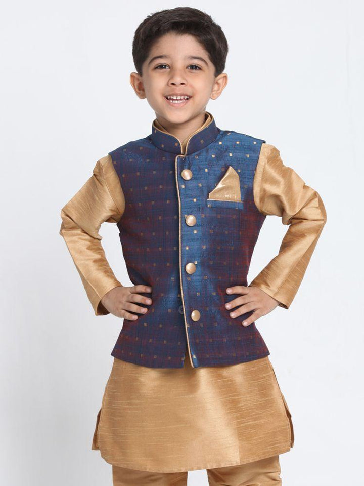 VASTRAMAY Boys Deep Blue Cotton Silk Blend Nehru Jacket