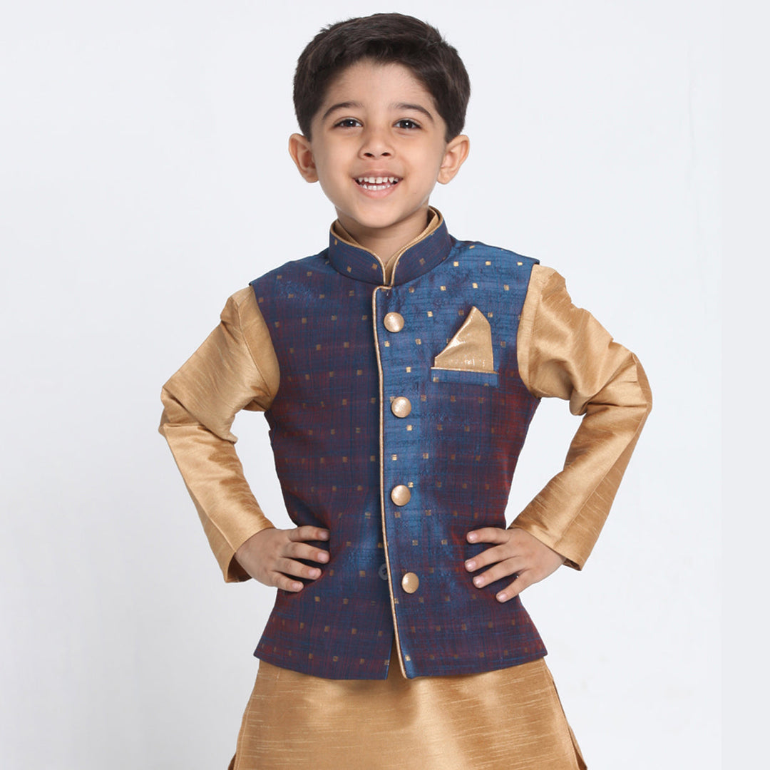 Vastramay Silk Blend Blue and Rose Gold Baap Beta Ethnic Jacket