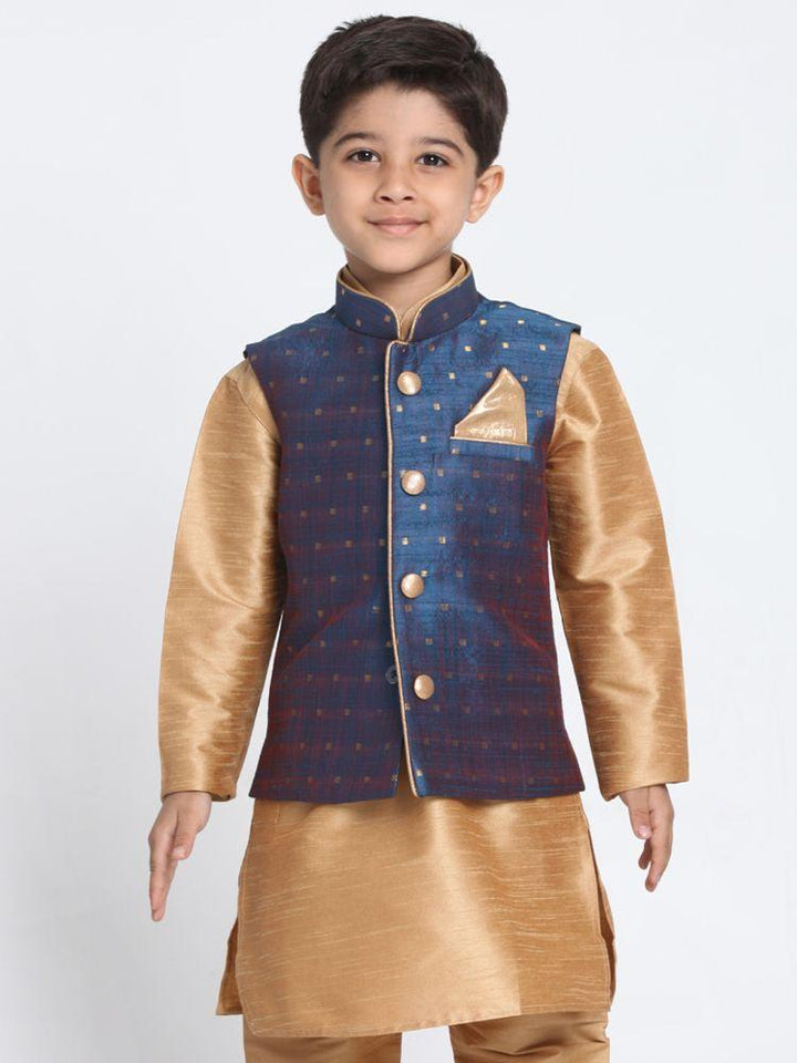 VASTRAMAY Boys Deep Blue Cotton Silk Blend Nehru Jacket