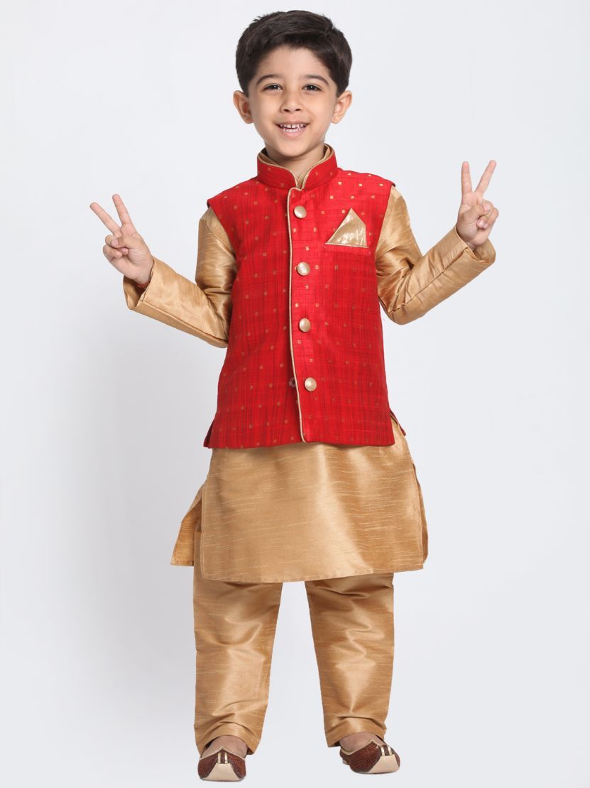 VASTRAMAY Boys Maroon Woven Design Nehru Jacket