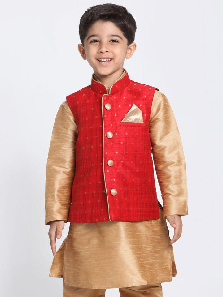 VASTRAMAY Boys Maroon Woven Design Nehru Jacket