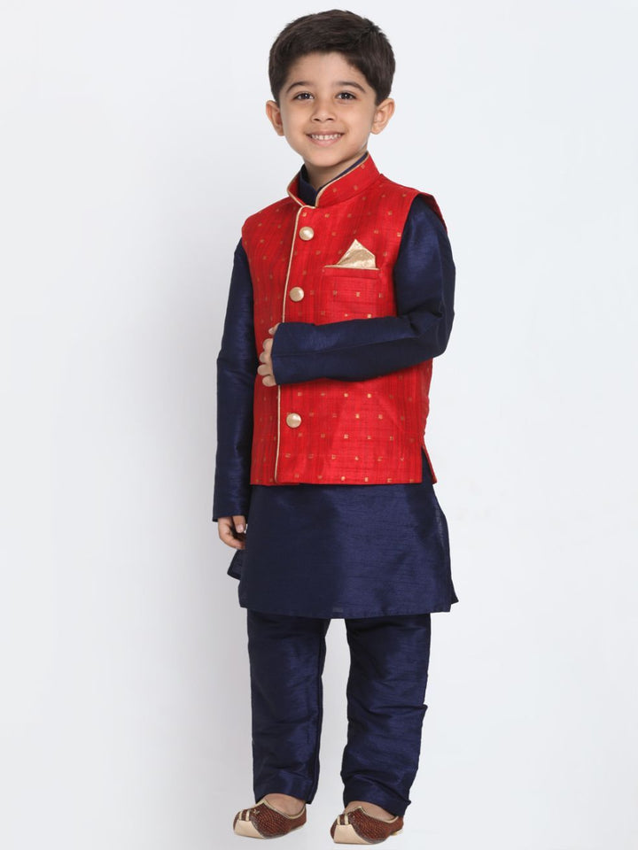 Vastramay Boys Maroon Silk Blend Nehru Jacket With Navy Blue Kurta And Pyjama Set