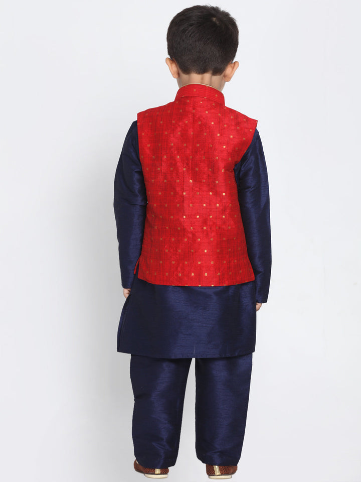 Vastramay Silk Blend Maroon and Navy Blue Baap Beta Jacket Kurta Pyjama set