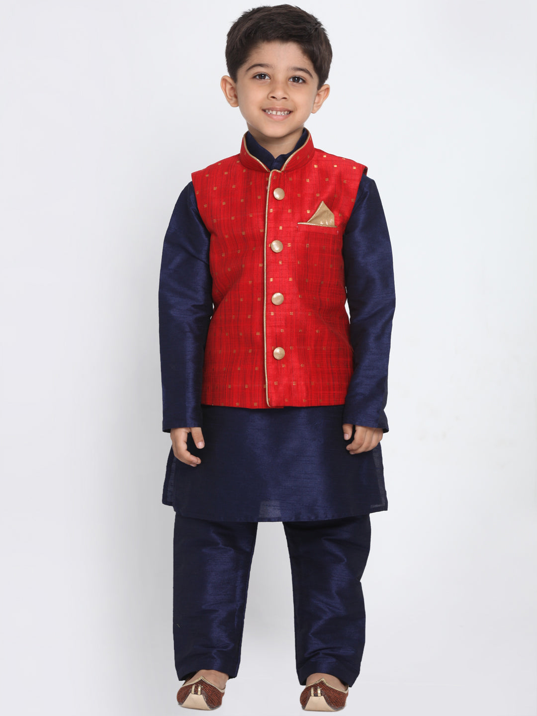 Vastramay Silk Blend Maroon and Navy Blue Baap Beta Jacket Kurta Pyjama set