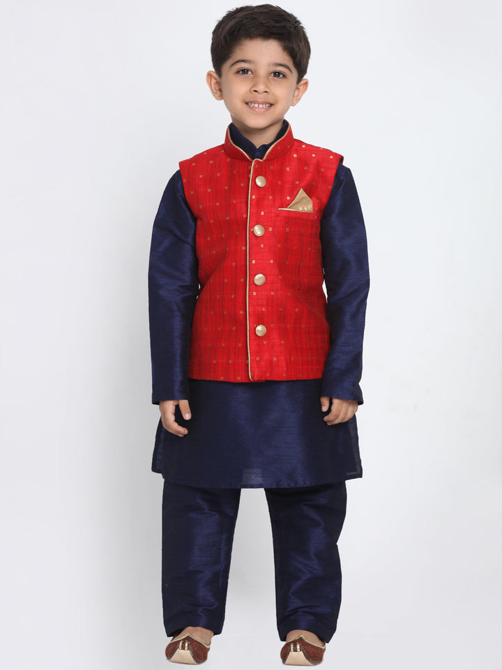 Vastramay Silk Blend Maroon and Navy Blue Baap Beta Jacket Kurta Pyjama set