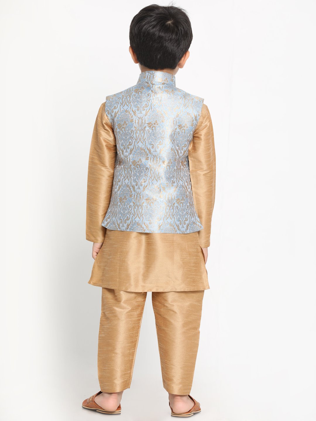 VASTRAMAY Boys Grey Silk Blend Kurta, Ethnic Jacket and Pyjama Set