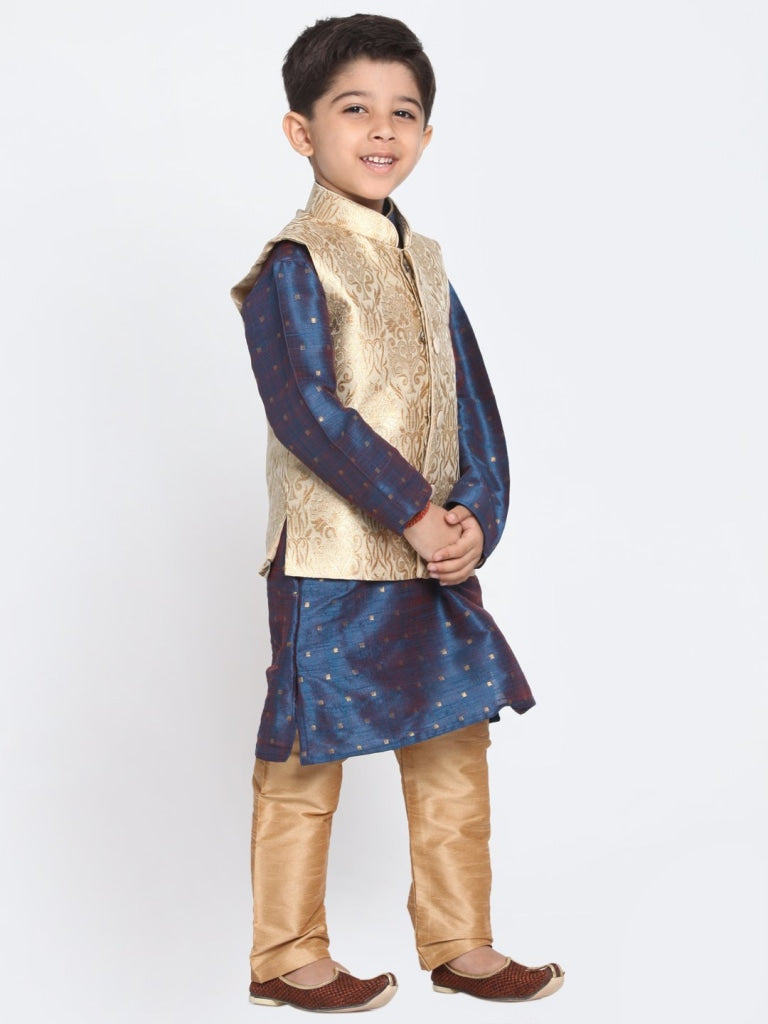 Vastramay Men & Boys Royal Blue Cotton Silk Nehru Jacket, Kutra Pyjama Set