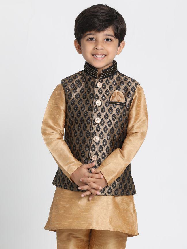 VASTRAMAY Boys Black Cotton Silk Blend Nehru Jacket