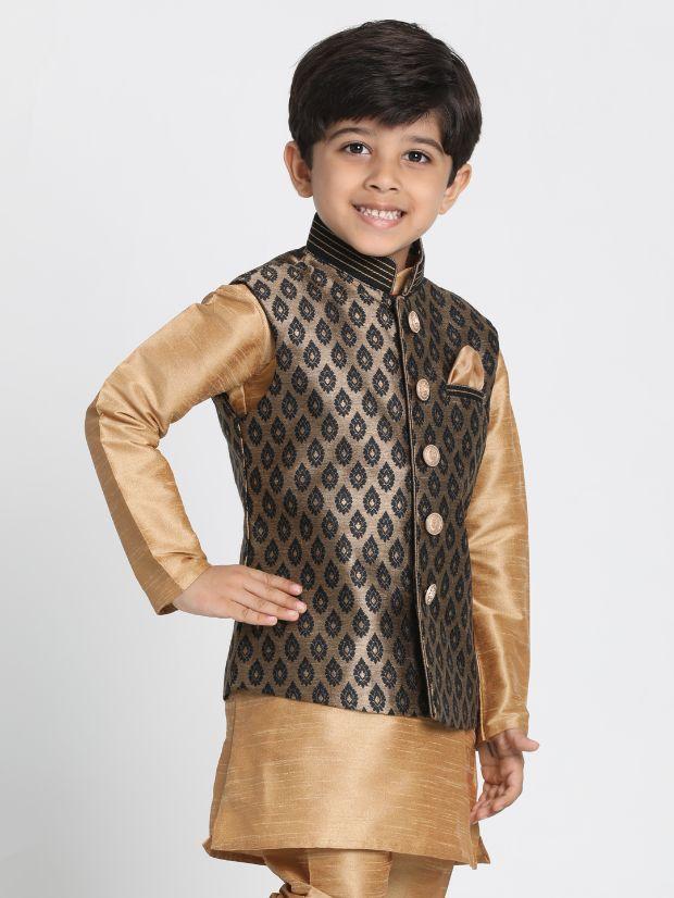 VASTRAMAY Boys Black Cotton Silk Blend Nehru Jacket