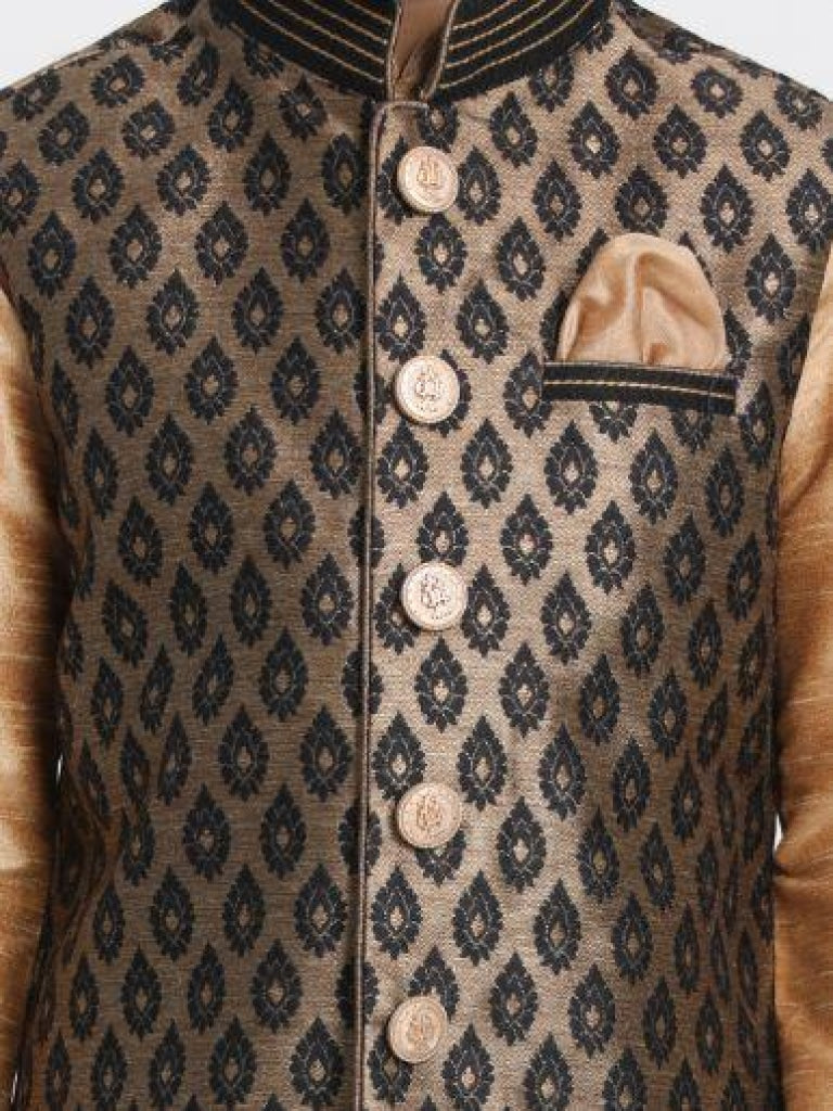 VASTRAMAY Boys' Gold Cotton Silk Blend Kurta, Waistcoat and Pyjama Set