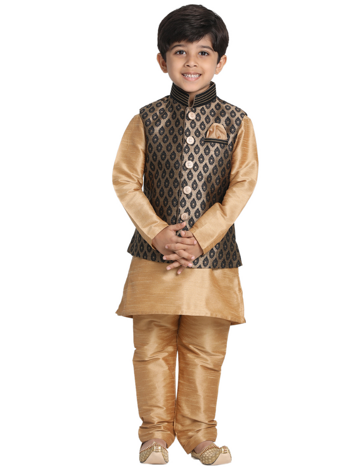 VASTRAMAY Boys' Gold Cotton Silk Blend Kurta, Waistcoat and Pyjama Set