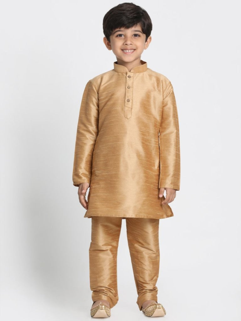 VASTRAMAY Boys' Gold Cotton Silk Blend Kurta, Waistcoat and Pyjama Set