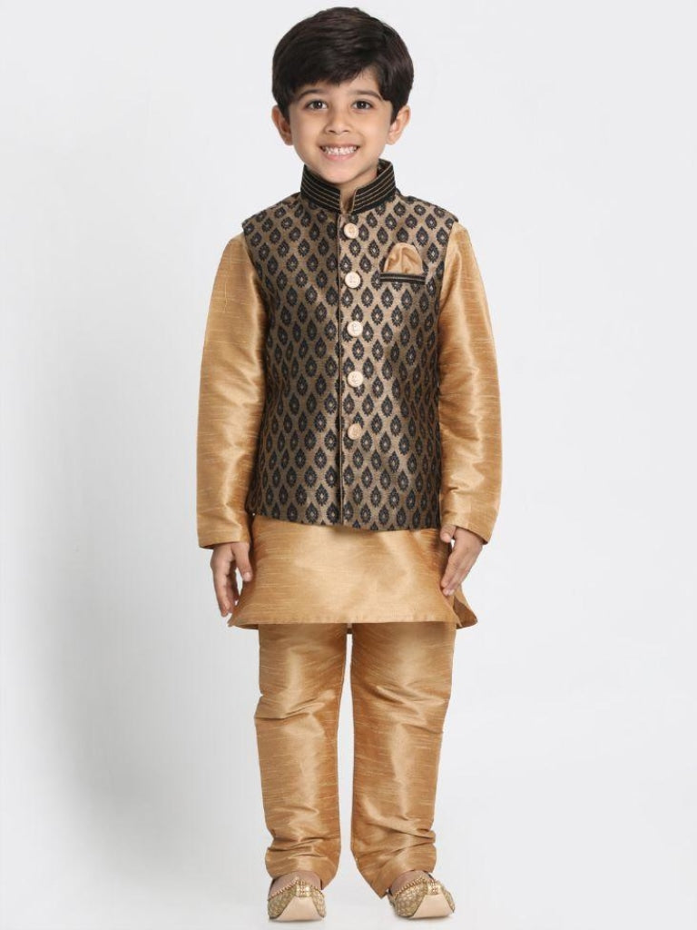 VASTRAMAY Boys' Gold Cotton Silk Blend Kurta, Waistcoat and Pyjama Set