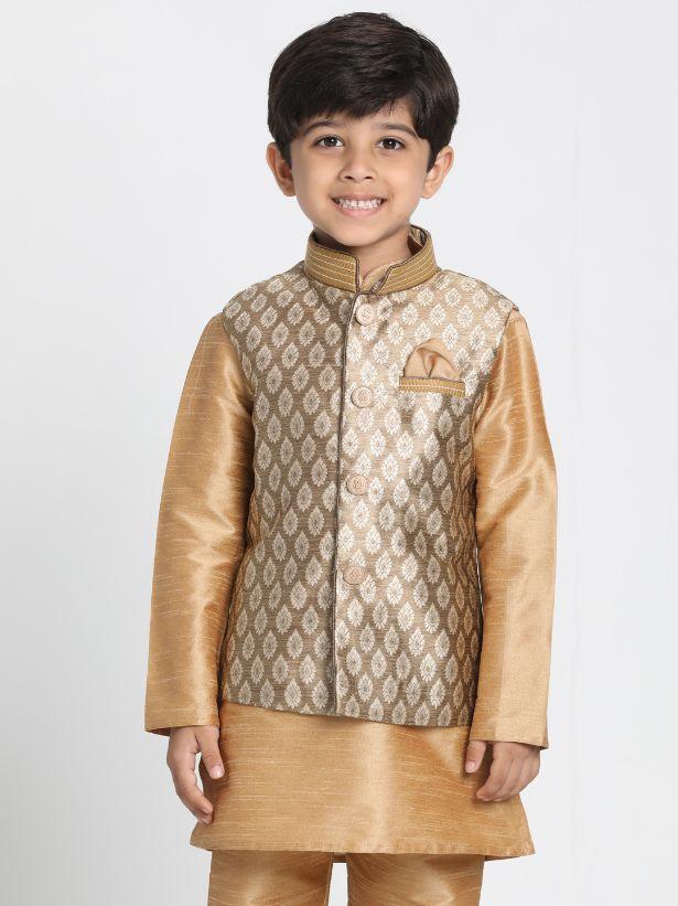 VASTRAMAY Boys' Gold Cotton Silk Blend Nehru Jacket