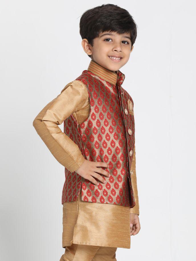 VASTRAMAY Boys' Maroon Cotton Silk Blend Nehru Jacket