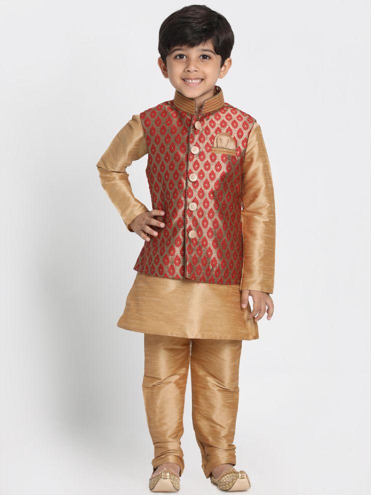 VASTRAMAY Boys' Maroon Cotton Silk Blend Nehru Jacket