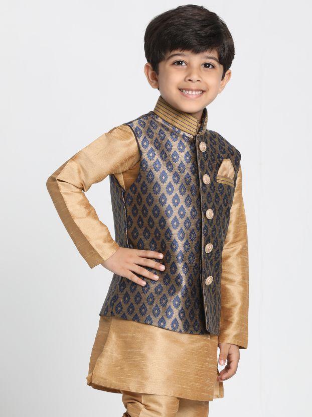 VASTRAMAY Boys' Deep Blue Cotton Silk Blend Nehru Jacket