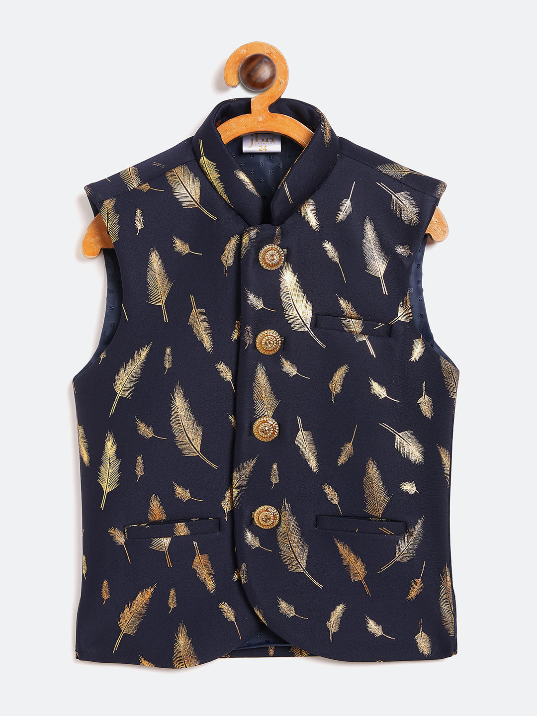 VASTRAMAY Navy Blue And Gold Scuba Foil Print Nehru Jacket