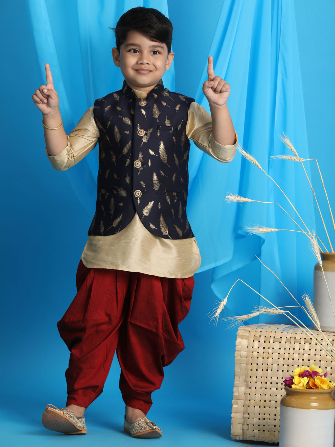 VASTRAMAY Boy's Navy Blue Golden Printed Nehru Jacket With Gold Kurta And Maroon Dhoti Set - qivii